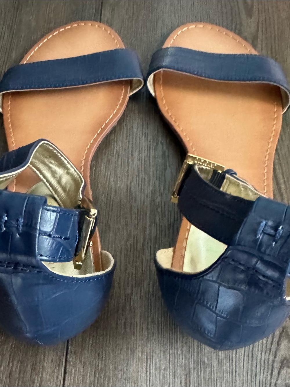 Tommy Hilfiger Navy Croc-Embossed Ankle Strap Sandals - Picture 2 of 5